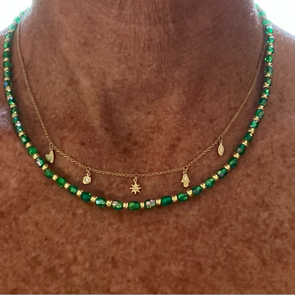 New Super Cute Boho Petite Beaded Green Gold Necklace